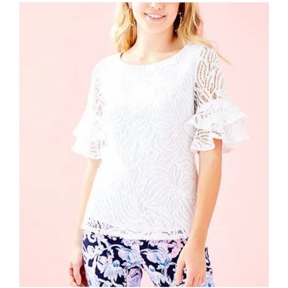 Lilly Pulitzer Tops - Lilly Pulitzer women's white lace floral ruffled short sleeve blouse top XS EUC